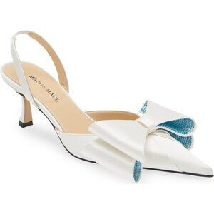 🎀MACH & MACH🎀 Le Cadeau 65 Satin Slingback Pumps White Blue Size: 38